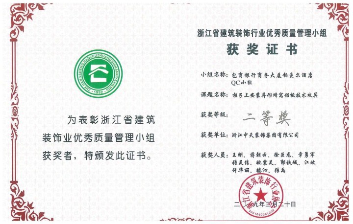 中天精诚装饰集团三项QC成果获奖