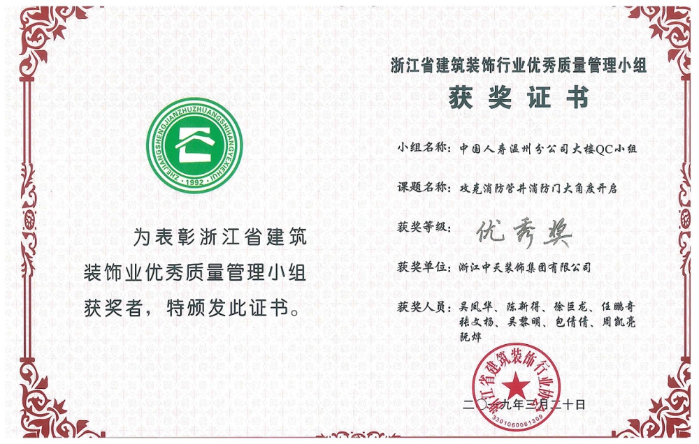 中天精诚装饰集团三项QC成果获奖